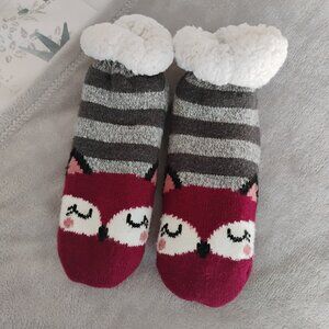 Cozy Burgundy Gray Fox Slipper Socks